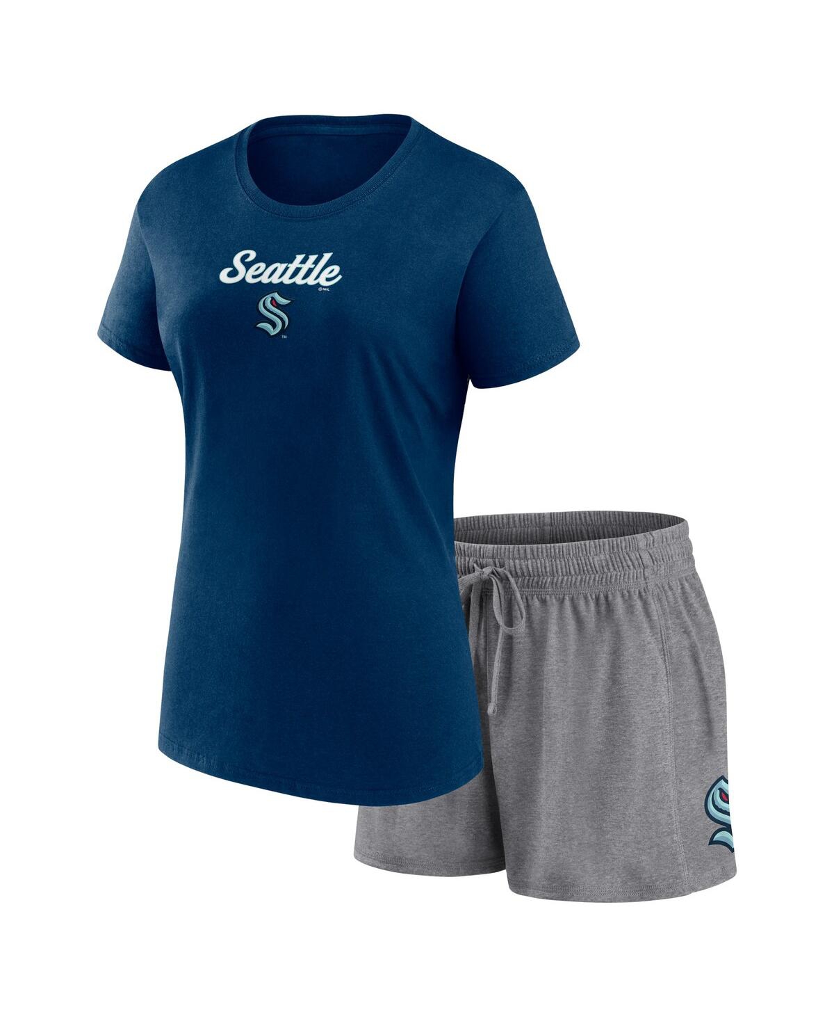 Women's Fanatics Navy, Gray Seattle Kraken Script T-shirt and Shorts Set - Navy, Gray