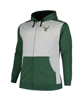 Men's Hunter Green, Heather Gray Milwaukee Bucks Big and Tall Contrast Pieced Stitched Full-Zip Hoodie