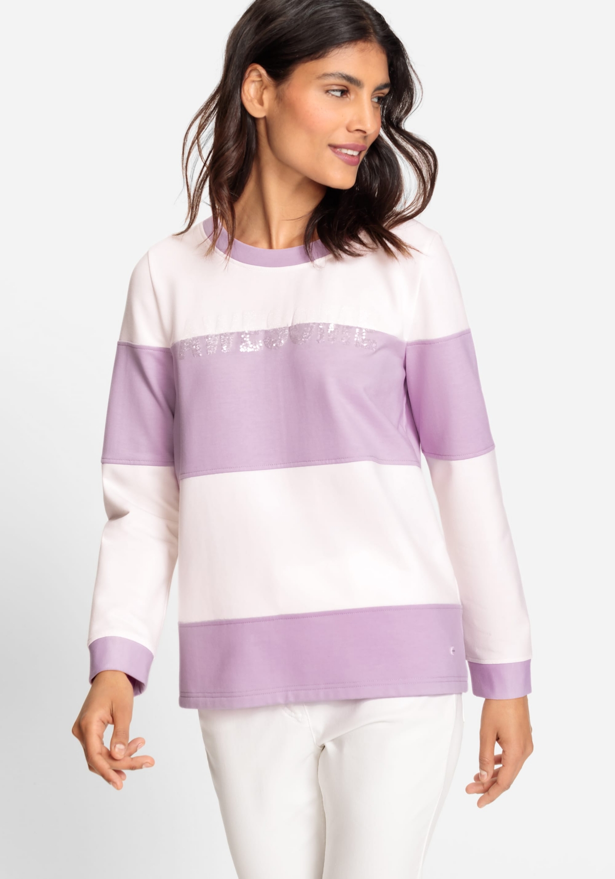 Long Sleeve Crewneck Jersey Top with Sequins - Soft lilac