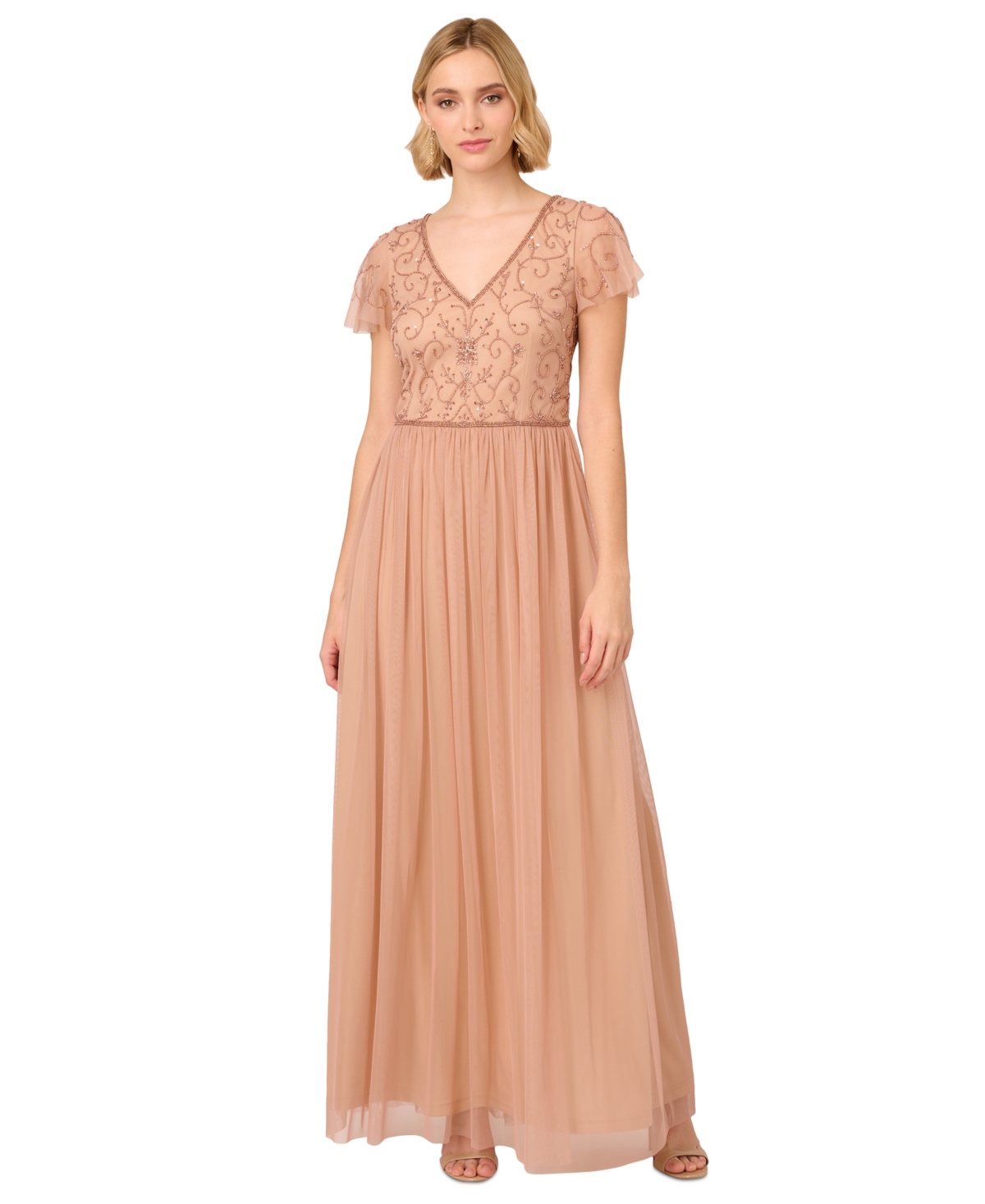 Shop Adrianna Papell Women's Bead Embellished V-neck Gown In Rose Gold