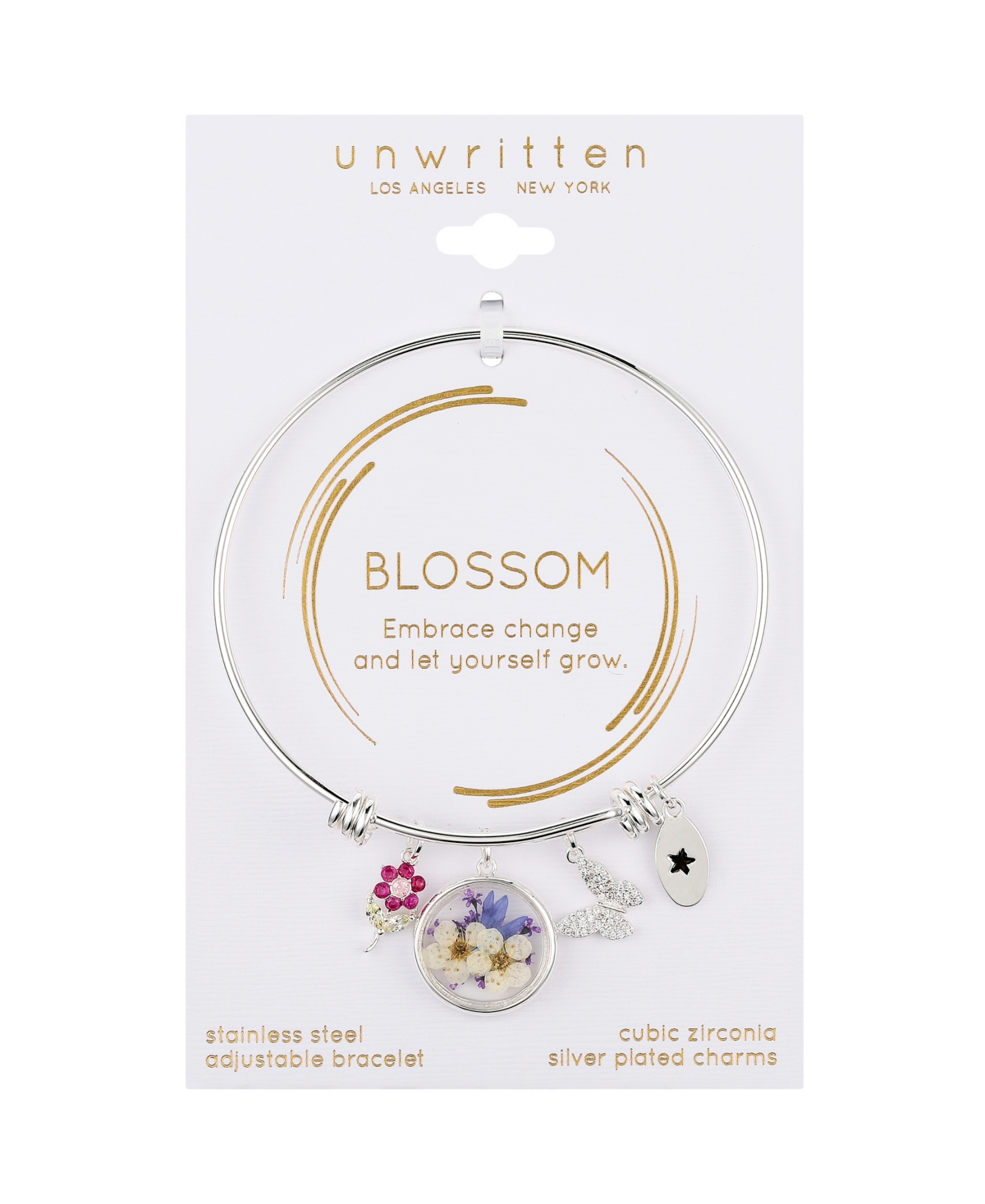 Shop Unwritten Cubic Zirconia Flower, Butterfly, Dried Flower Pendant Bangle Bracelet In Silver