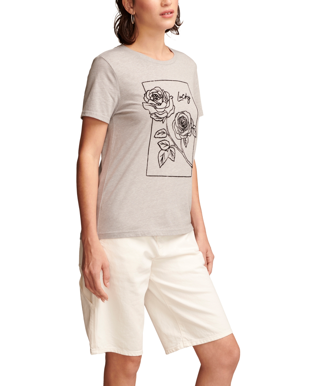 Shop Lucky Brand Women's Rose Graphic Classic T-shirt In Light Heather Grey