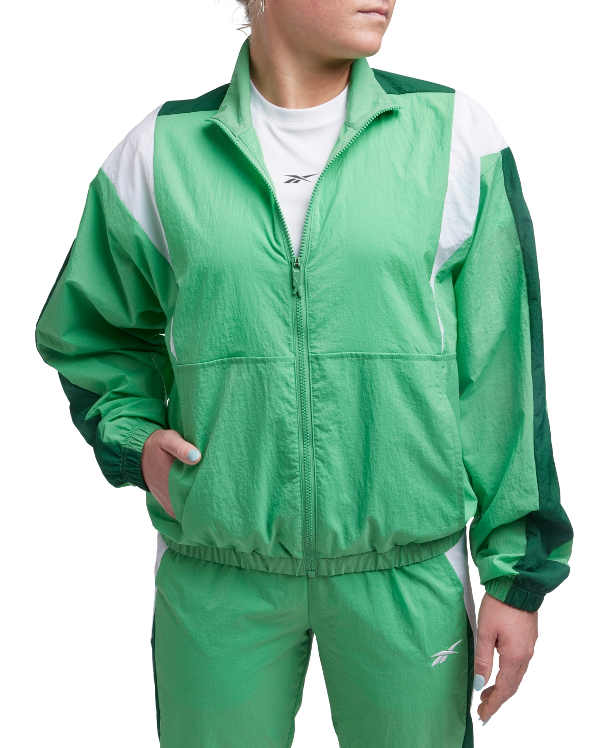 Shop Reebok Women's Back Vector Colorblocked Track Jacket In Sport Green