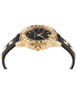 Women's Lady Rock Gold-Tone Studded Black Leather Strap Watch 38mm