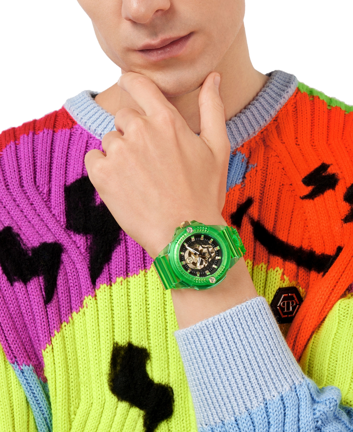 Philipp Plein Unisex The Skull Scuba Duba Green Silicone Strap Watch 44mm In Green