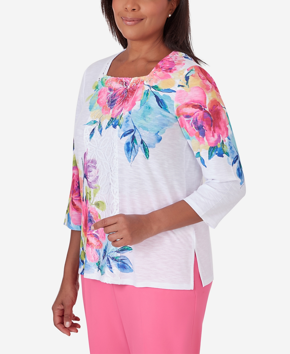 Alfred Dunner Petite Paradise Island Long Sleeve Flower Lace Top