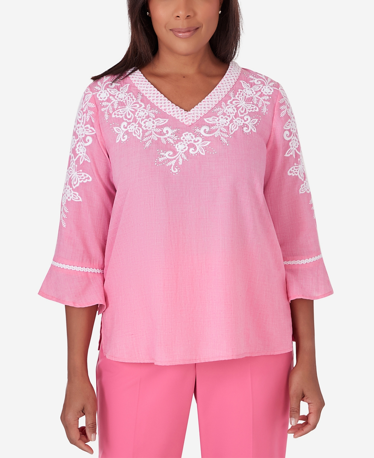 Shop Alfred Dunner Petite Paradise Island V-neck Embroidered Top In Peony