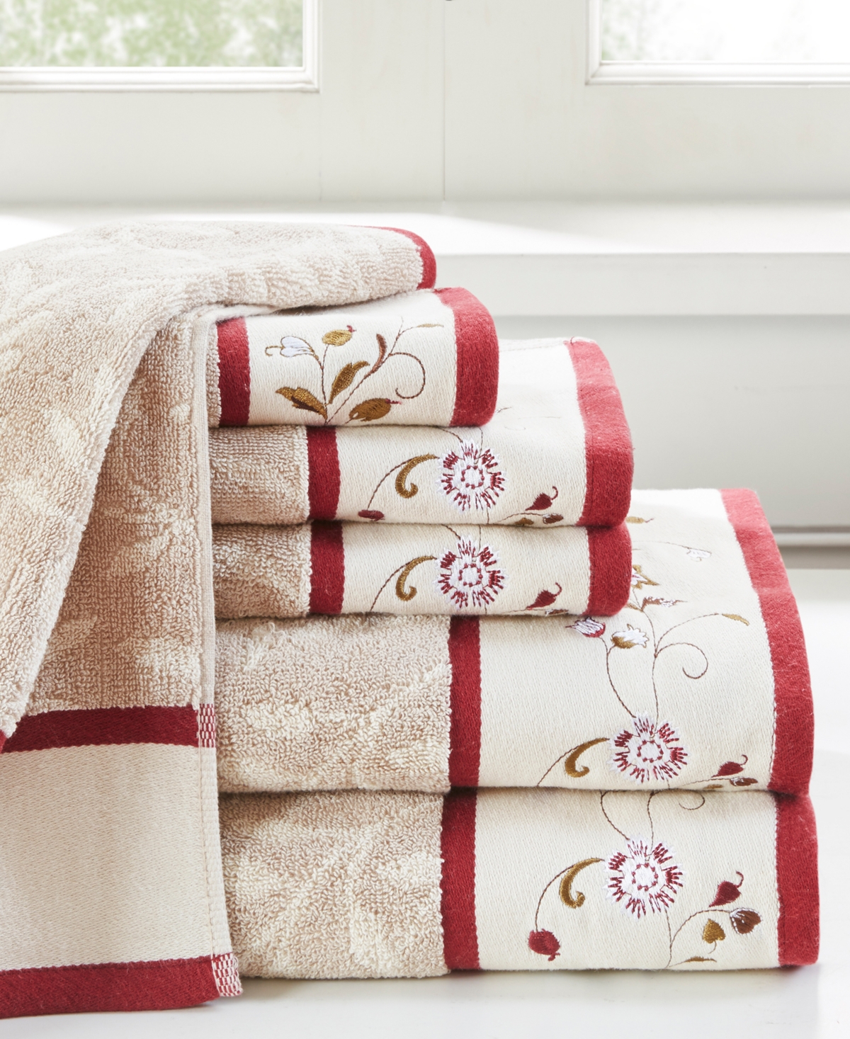 Madison Park Cotton 6-pc. Embroidered Serene Jacquard Towel Set Bedding In Red