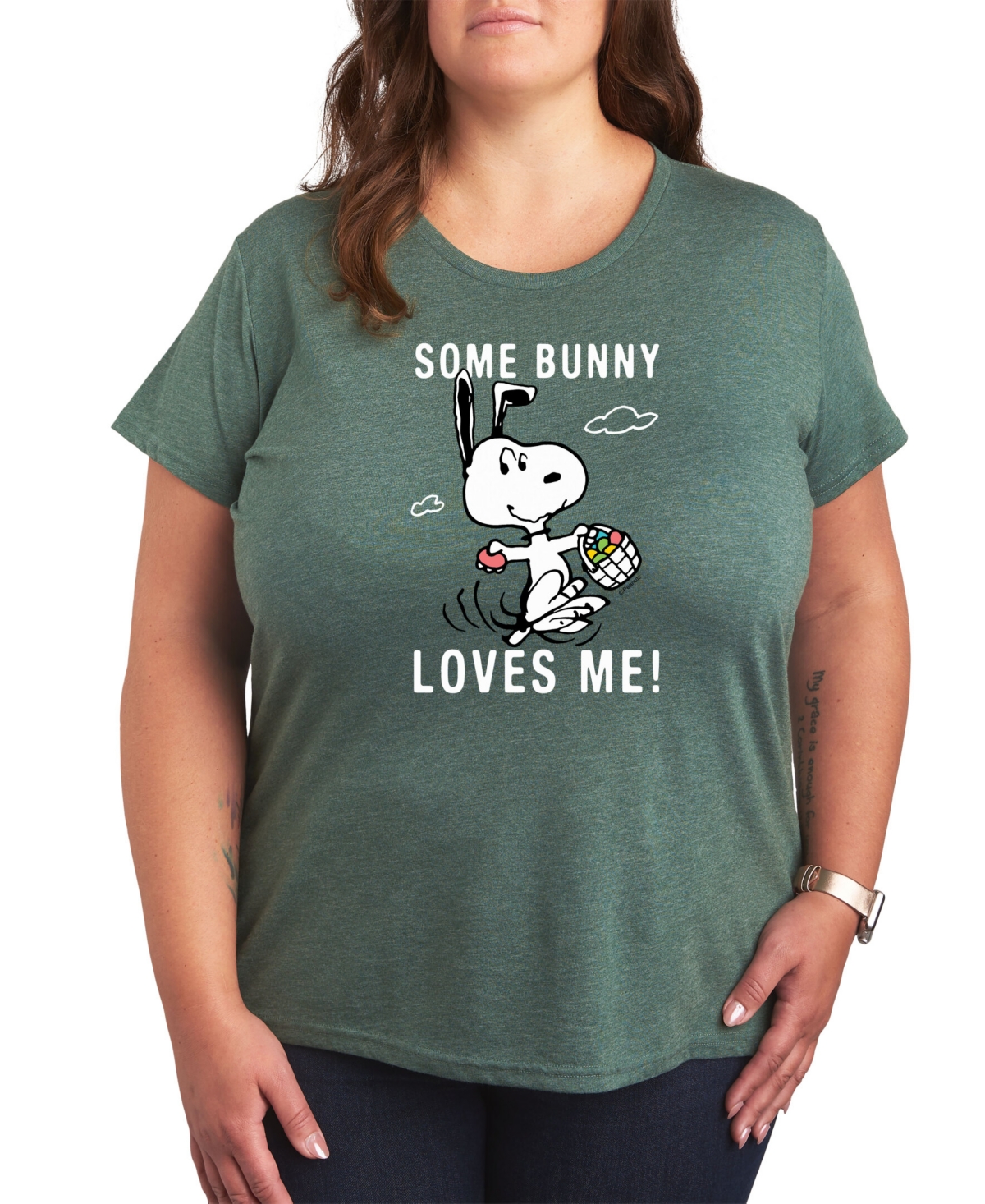 Air Waves Trendy Plus Size Peanuts Snoopy Easter Graphic T-shirt In Green