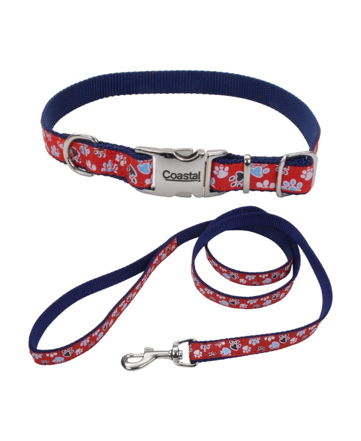 Ribbon Dog Leash Set - Patterned Dog Leash (5/8" x 6') & Patterned Dog Collar (5/8" x 12"&#x2013;18") - Red with Paws - Red