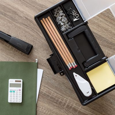 File Box Slim Portable File Organizer Plastic File Box for Letter File w/ Organizer-Lid, BPA-Free Plastic Storage Organizer with Secure Buckle and Handle, Black 4 Pack