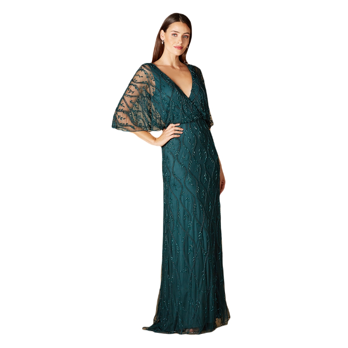Women's Illusion Cape Sleeve Beaded Gown - Champagne