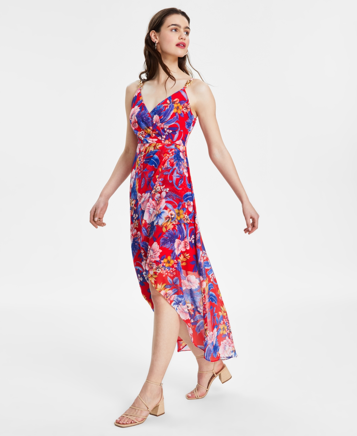 Shop Siena Women's Floral Print Sleeveless High-low Maxi Dress In Red Multi