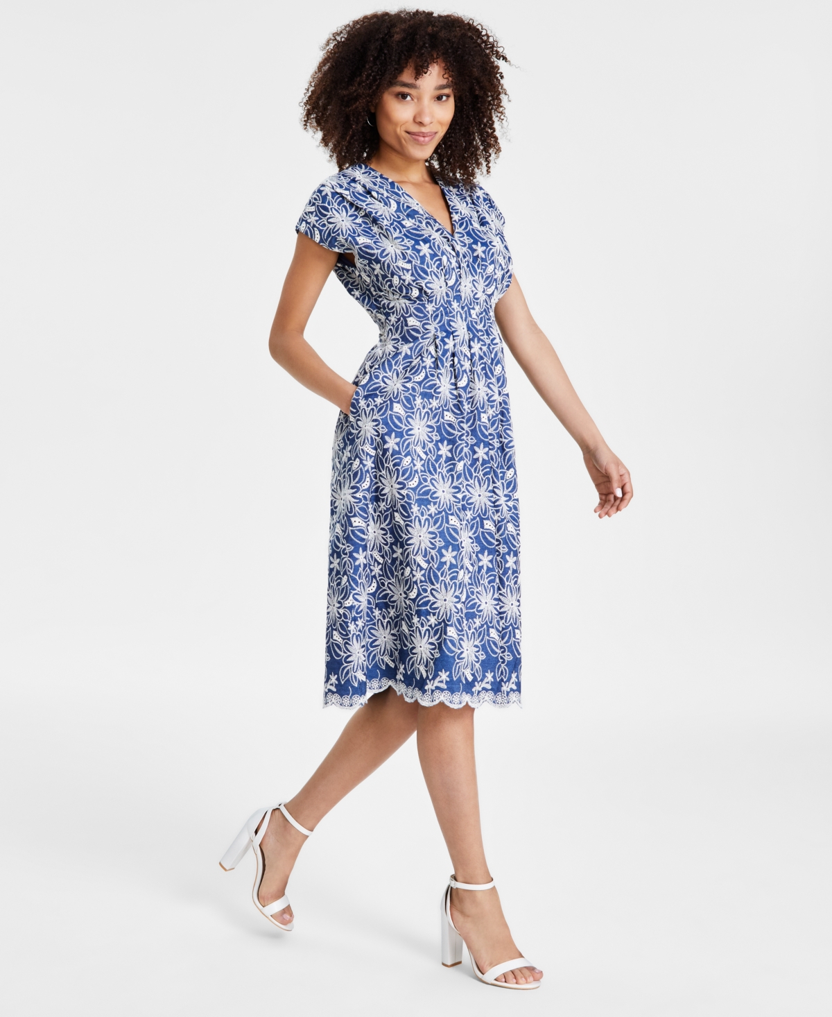 Shop Kensie Women's Embroidered Denim Midi Dress In Chambray,ivory
