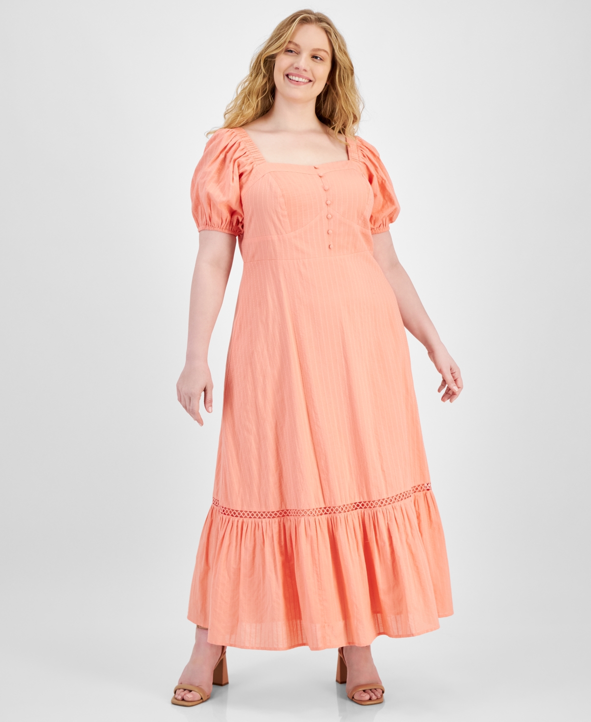 Trendy Plus Size Puff-Sleeve Floral Maxi Dress, Created for Macy's - Warm Peach