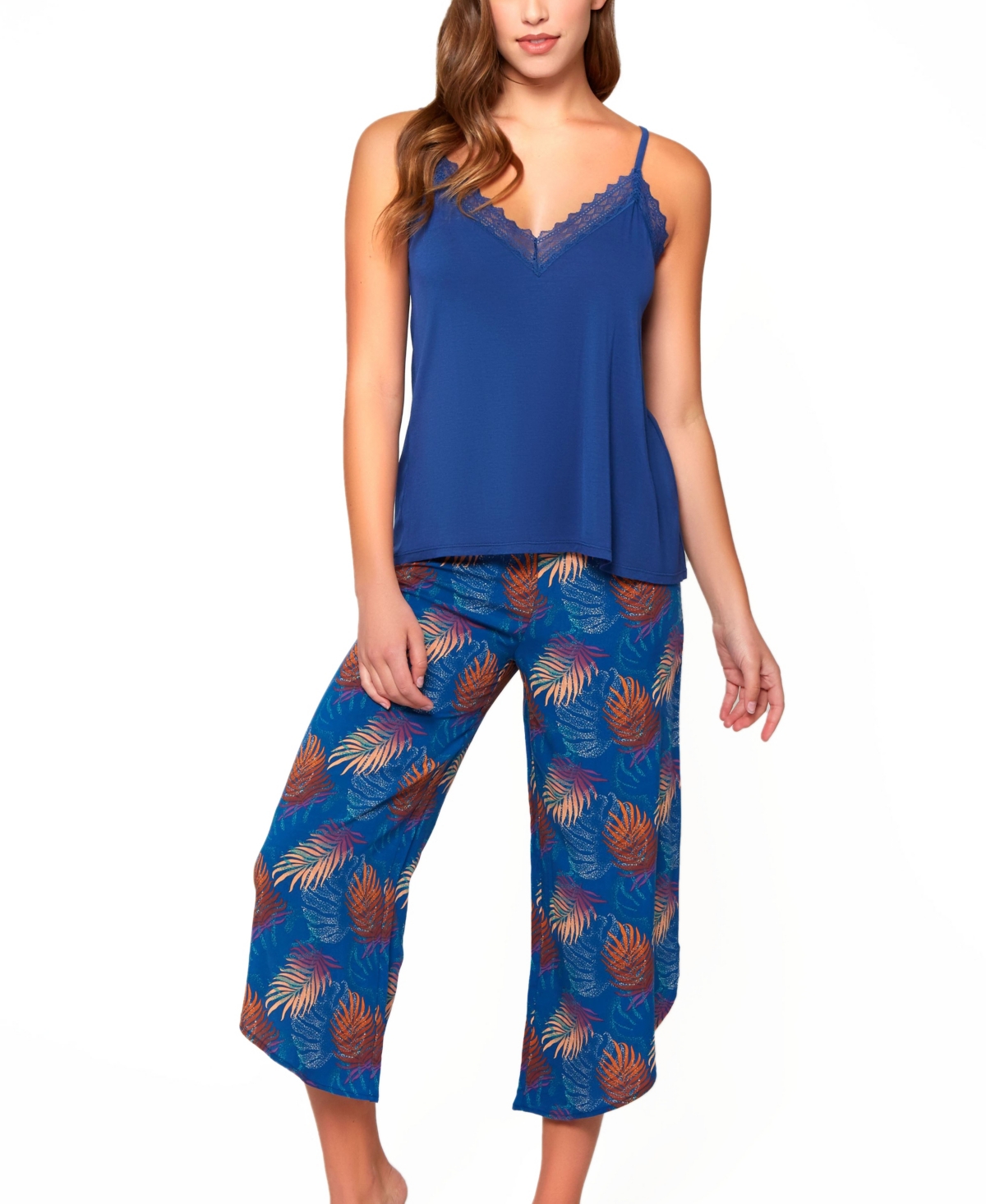 Shop Icollection Women's 2pc. Capri And Tank Pajama Set Trimmed In Lace In Navy-blue