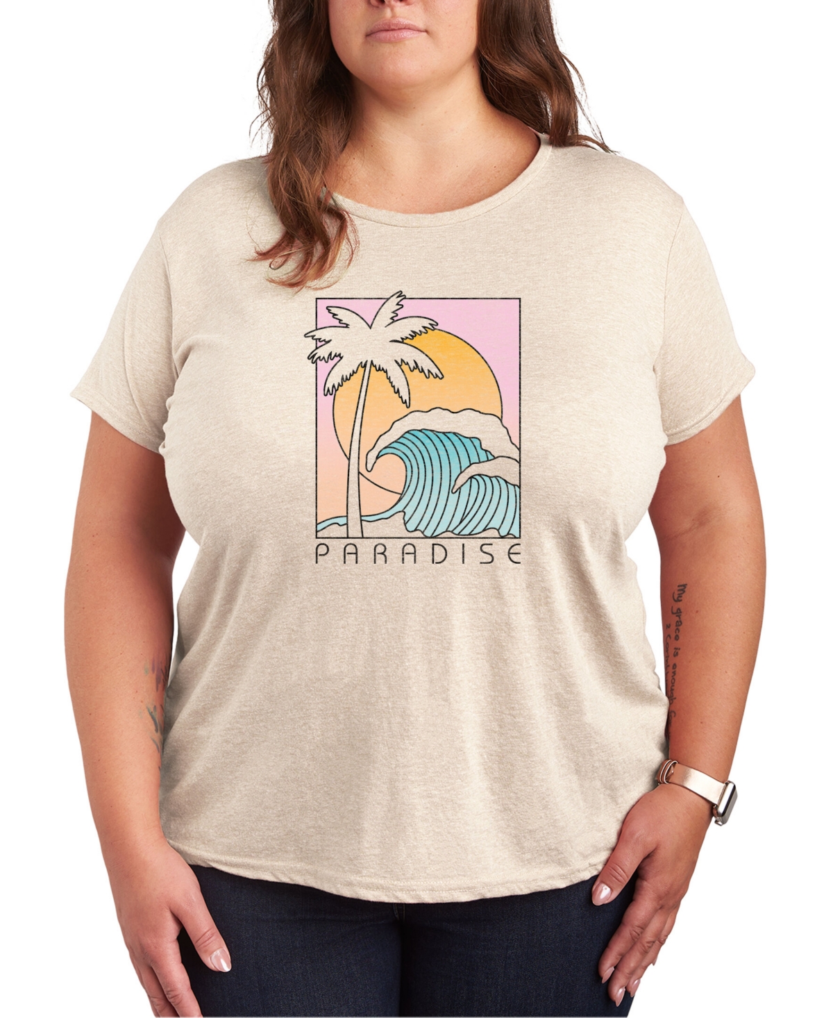 Air Waves Trendy Plus Size Paradise Graphic Short Sleeve T-shirt In Beige,khaki