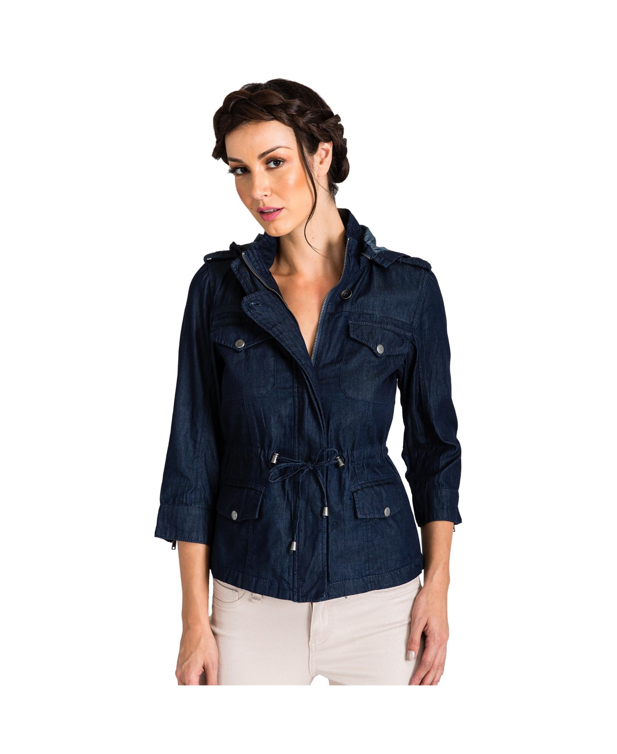 Women's Zip-Up Safari Hooded Drawstring Denim Anorak Jacket - Dark blue rinse