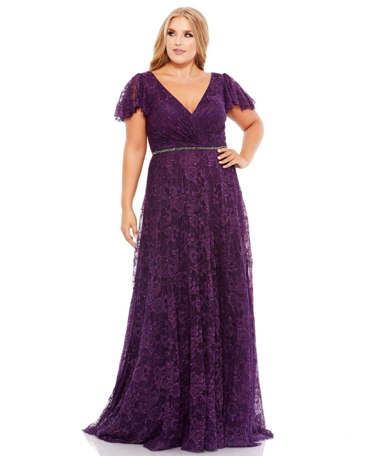 MAC DUGGAL WOMEN'S PLUS SIZE EMBELLISHED FLUTTER SLEEVE EVENING GOWN