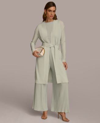 Tie Front Long Cardigan Pleated Pull On Pant