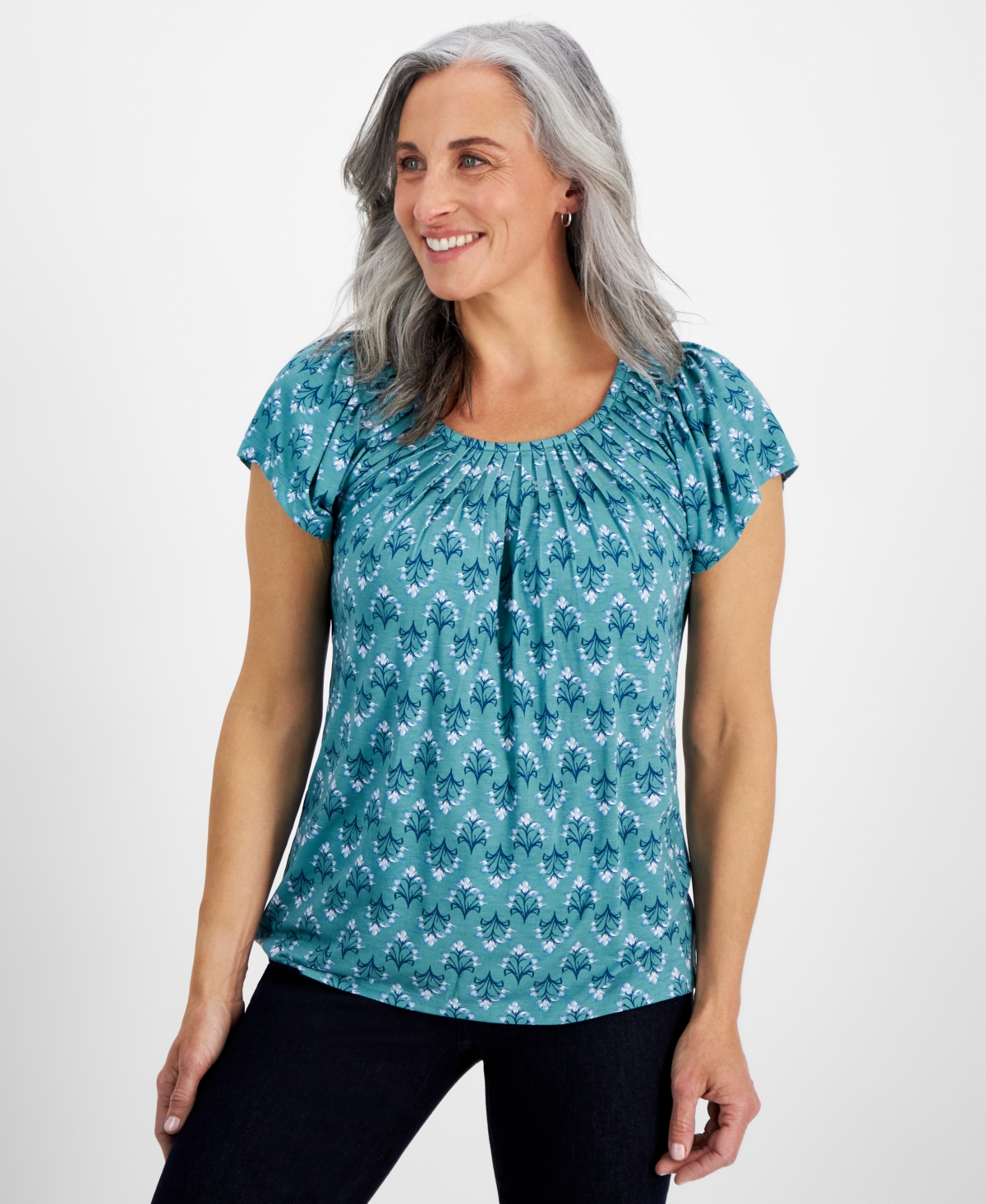Style & Co Petite Flower Bunch Pleat-neck Top, Created For Macy's In Flower Desert Teal