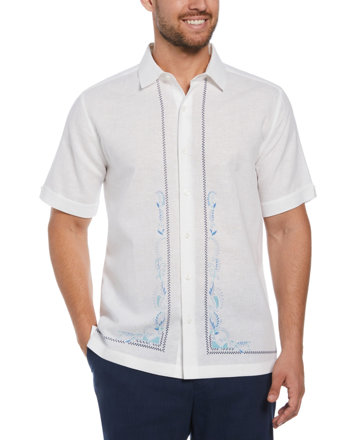 Cubavera Men's Classic Fit Linen Blend Short Sleeve L-shape Embroidery Shirt In Brilliant