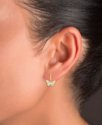 Cubic Zirconia Round & Baguette Butterfly Dangle Hoop Earrings in 14k Gold-Plated Sterling Silver