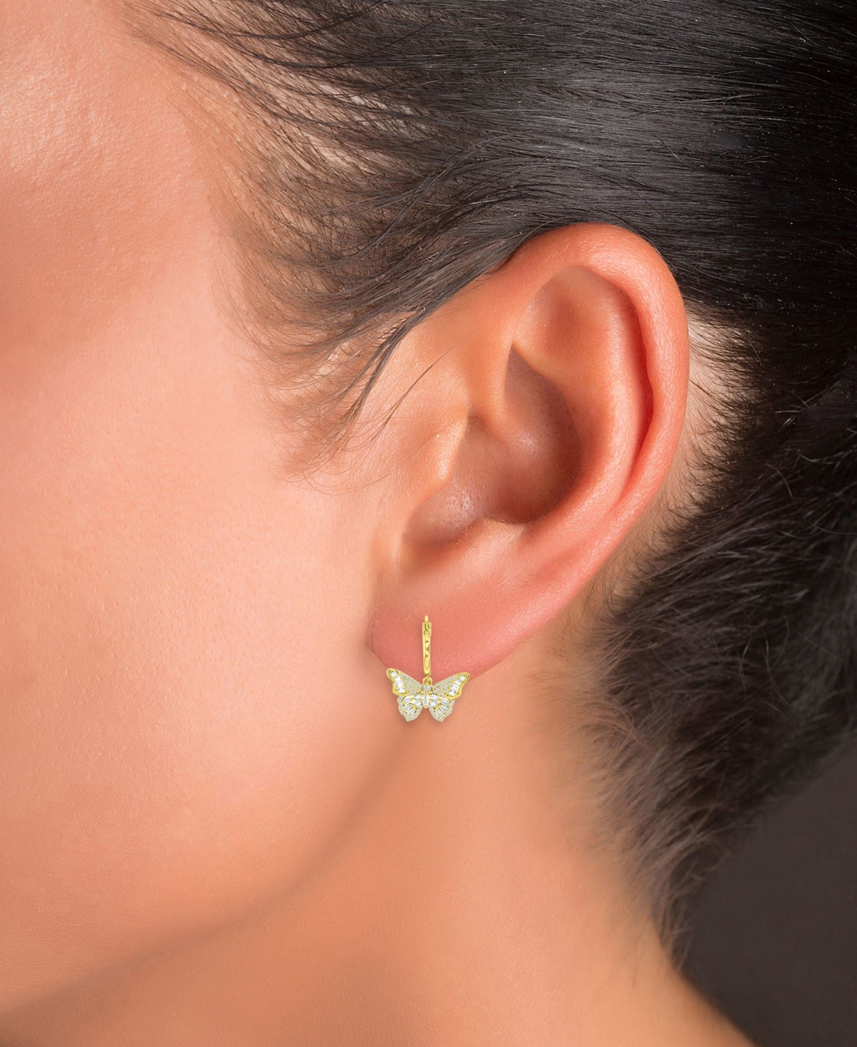 Shop Macy's Cubic Zirconia Round & Baguette Butterfly Dangle Hoop Earrings In 14k Gold-plated Sterling Silver