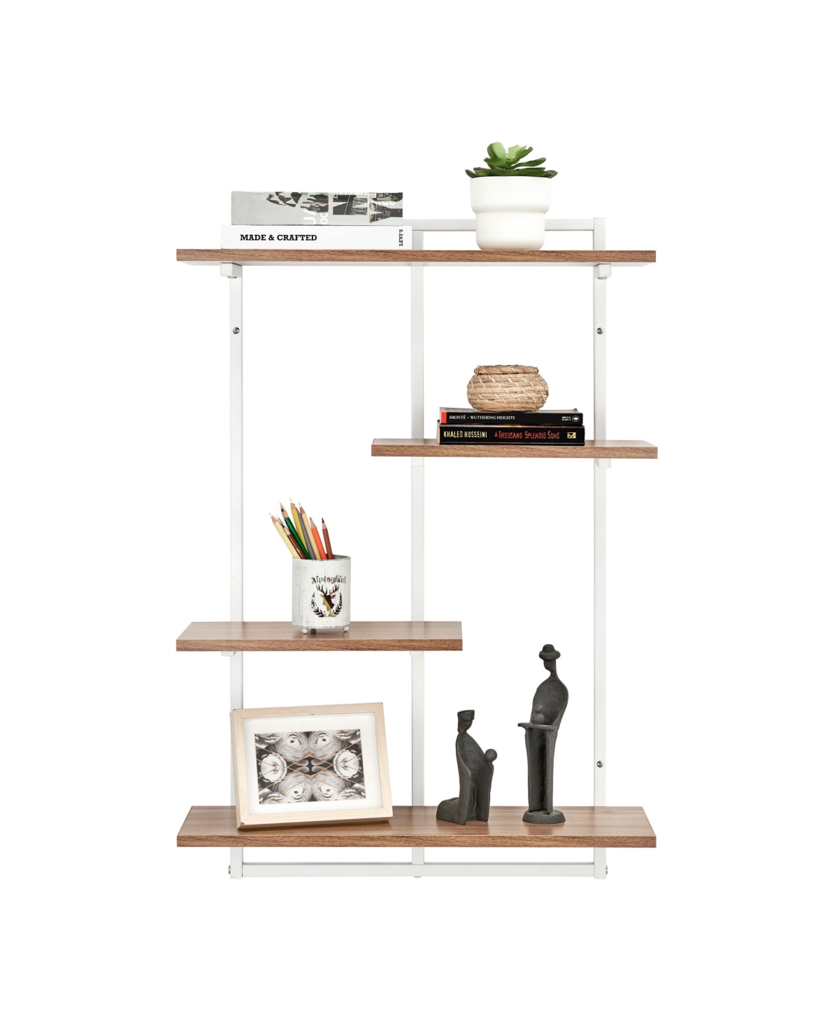 Shop Danya B Rhodes 4 Tier Modern Floating Windowsill Wall Shelf Unit With White Metal Frame And Light Walnut Mdf In White,light Walnut