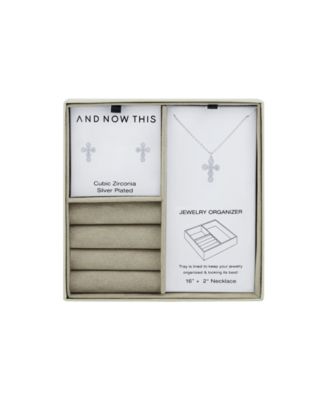 Cubic Zirconia Cross Stud Earring and Necklace with Jewelry Box Set