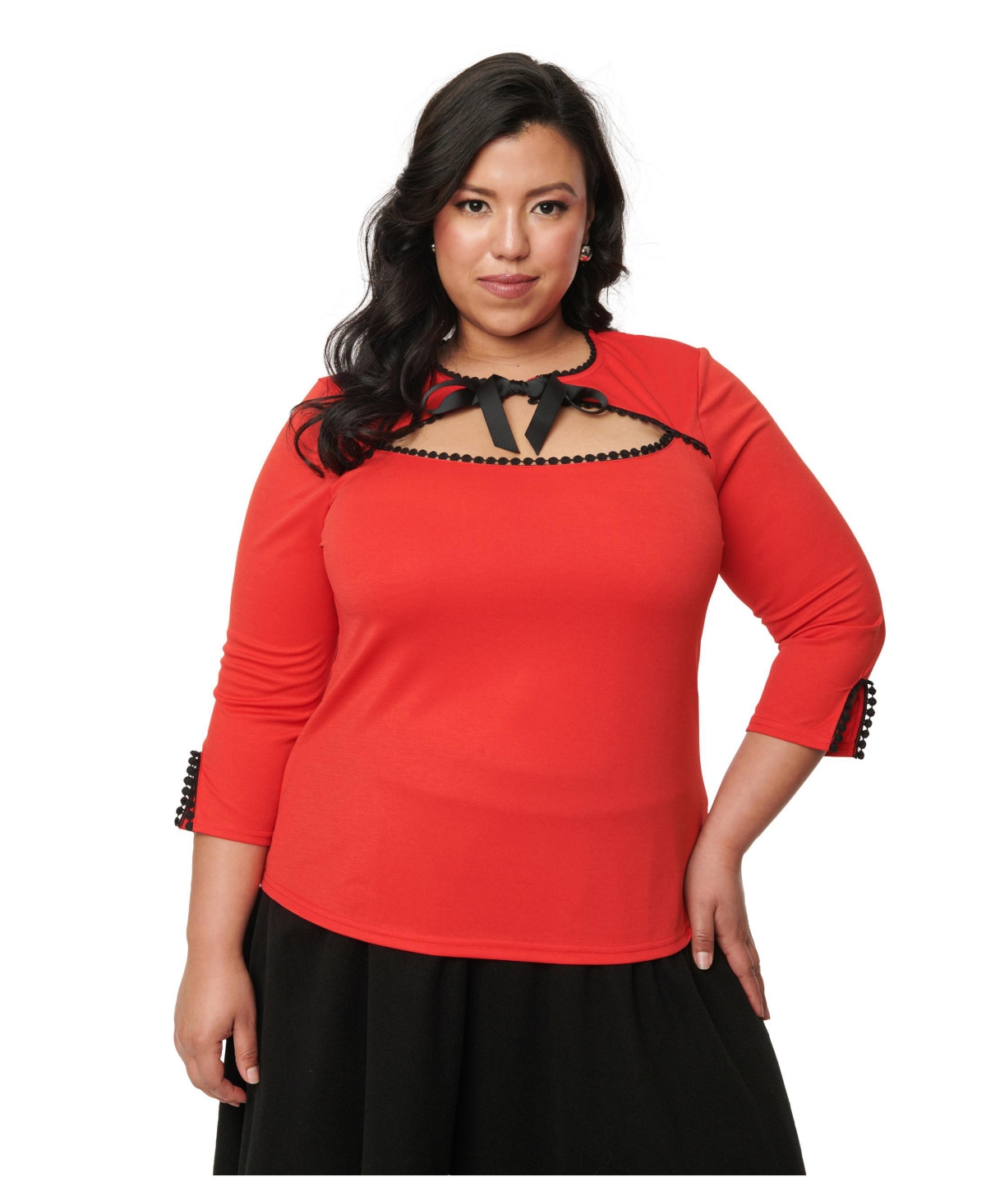 Plus Size 3/4 Sleeve Cutout Neck Tie Top - Red