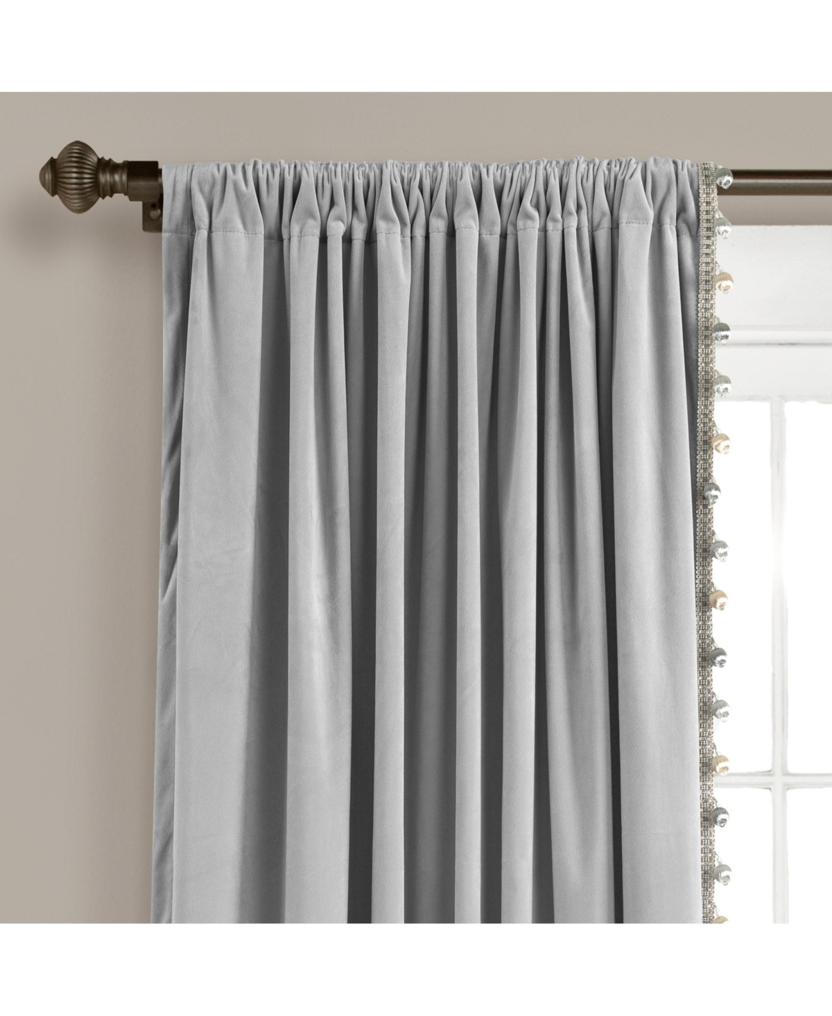 Luxury Vintage like Velvet With Silky Pompom Trim Window Curtain Panel - Grey