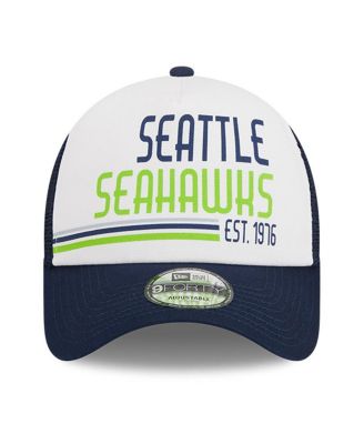Men's White, College Navy Seattle Seahawks Stacked A-Frame Trucker 9FORTY Adjustable Hat