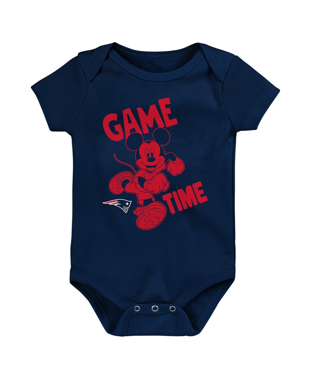 Shop Outerstuff Baby Boys And Girls Navy, Red, Gray New England Patriots Three-piece Disney Game Time Bodysuit Set In Navy,red