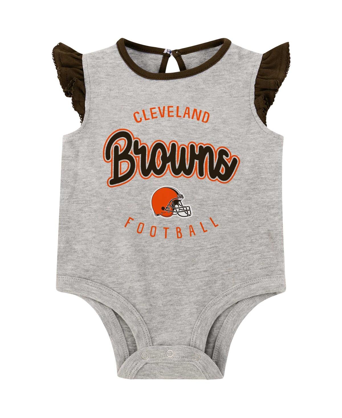 Shop Outerstuff Baby Boys And Girls Heather Gray, Brown Cleveland Browns All Dolled Up Three-piece Bodysuit, Skirt A In Heather Gray,brown