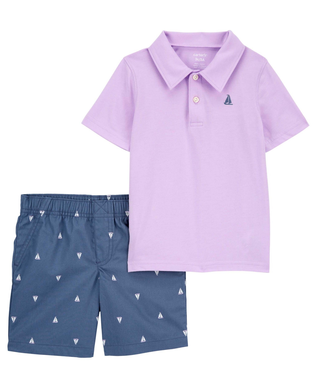 Carter's Baby Boys Jersey Polo Shirt And Sailboat Shorts, 2 Piece Set In Purple