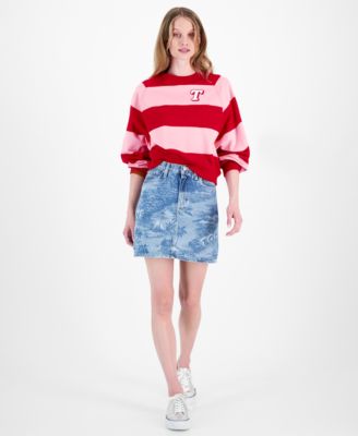 Womens Striped Letterman Crewneck Cotton Sweatshirt Hawaiian Print Denim Mini Skirt