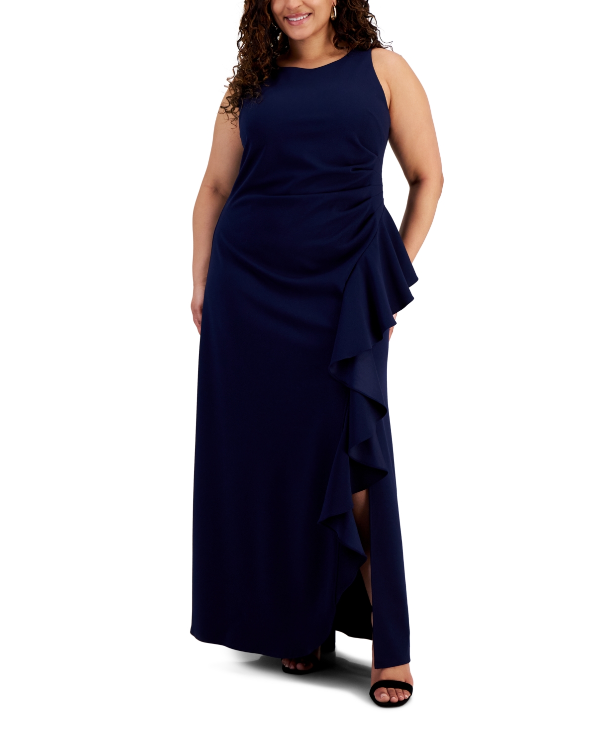 Alex Evenings Plus Size Side-ruffle Sleeveless Gown In Navy