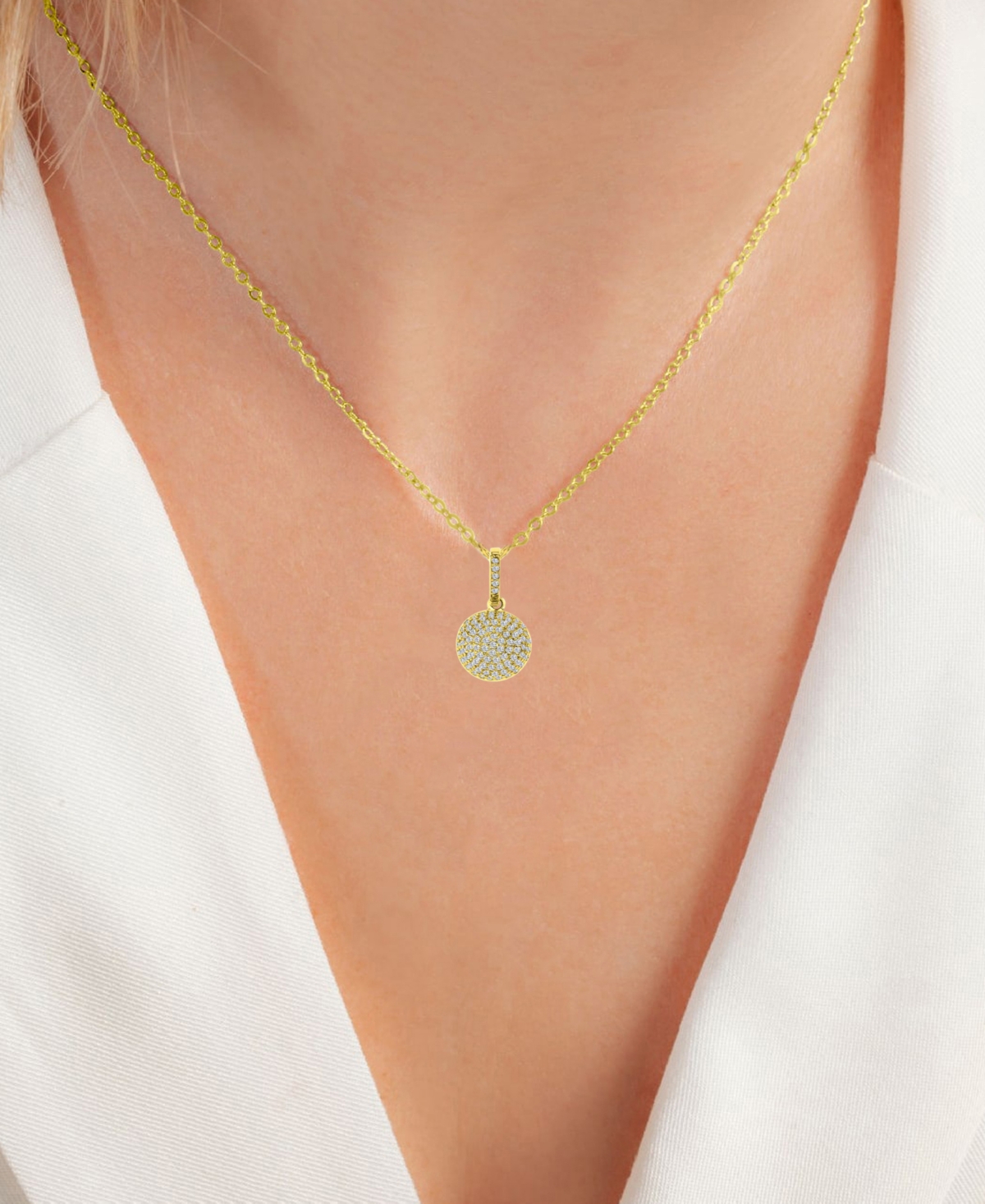 Macy's Cubic Zirconia Pave Circle Disc 18" Pendant Necklace In 14k Gold-plated Sterling Silver In Gold