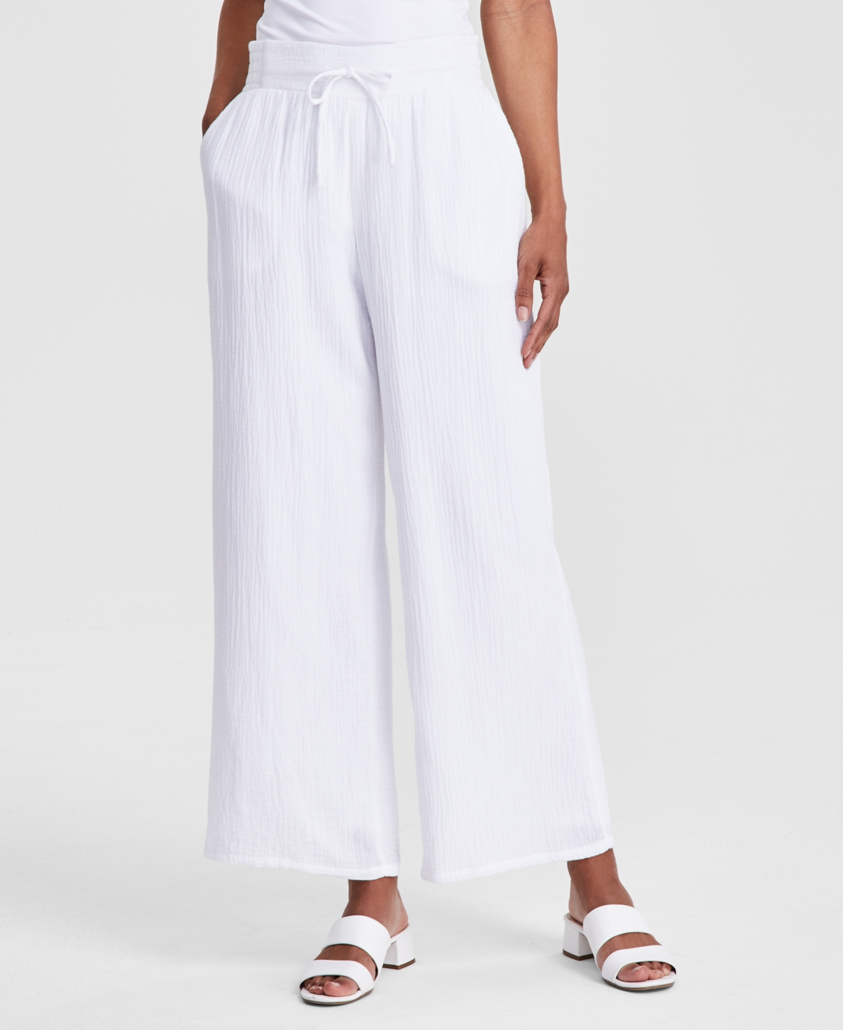 Women's Wide Leg Cotton Gauze Pants, Created for Macy's - Bright White