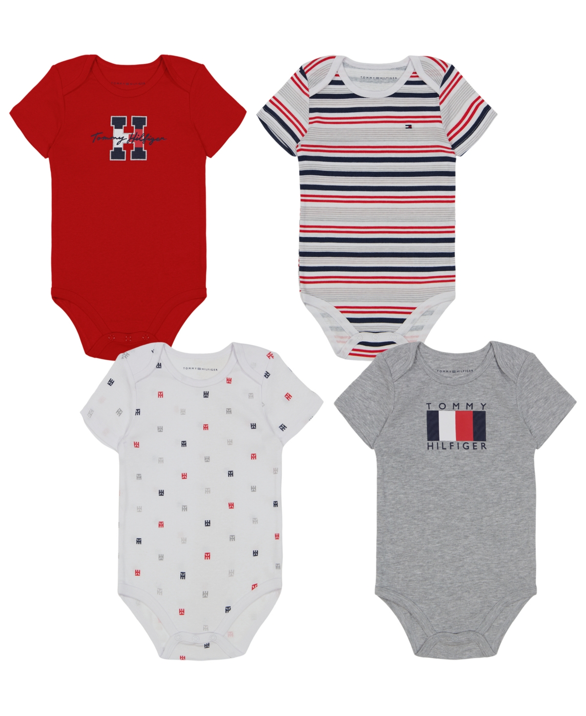 Shop Tommy Hilfiger Baby Boys Signature Short Sleeve Bodysuits, Pack Of 4 In Gray,red And Multi