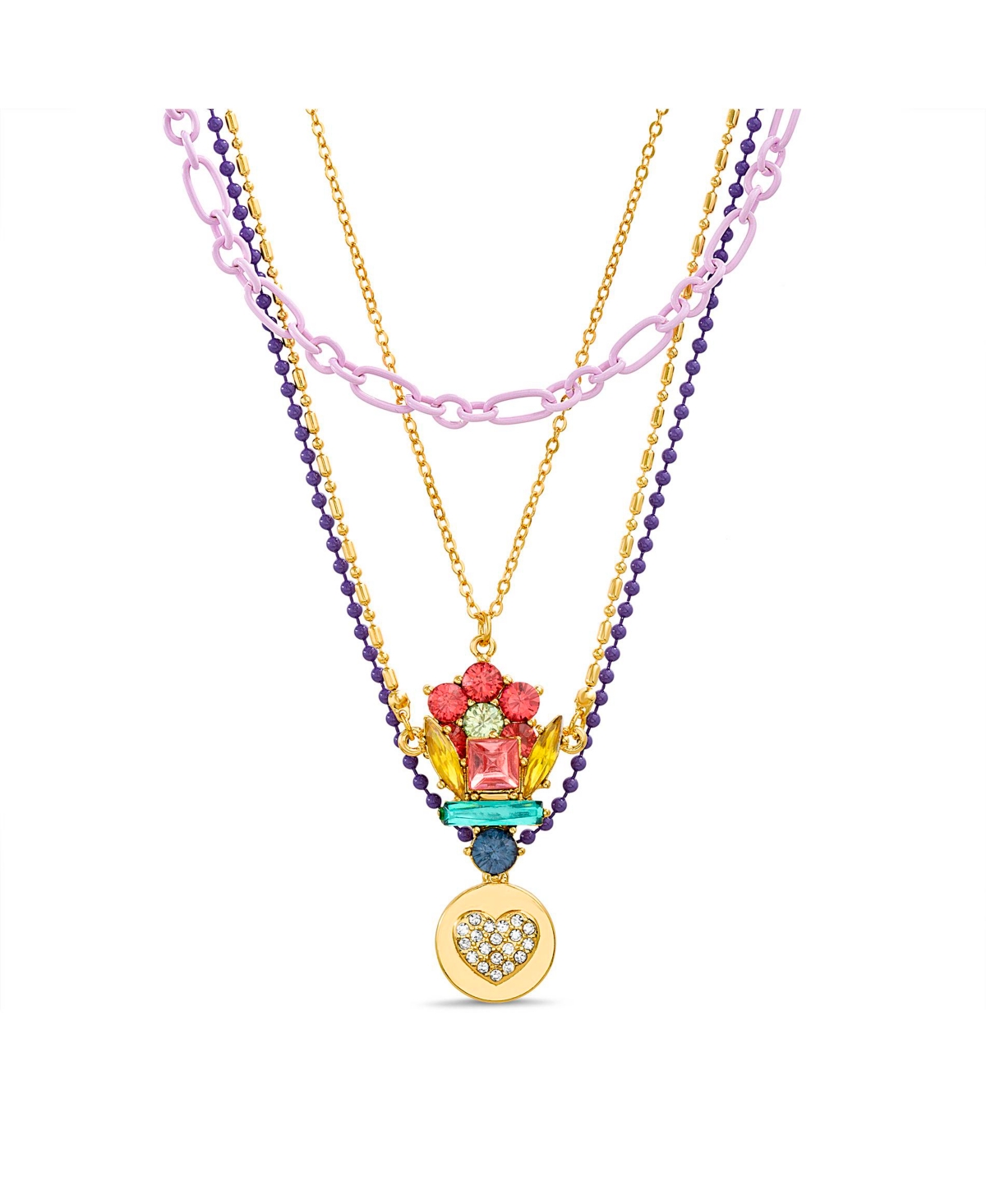 Multi 4 Piece Mixed Chain Necklace Set with Flower, Cluster and Heart Disc Charm Pendants - Multi