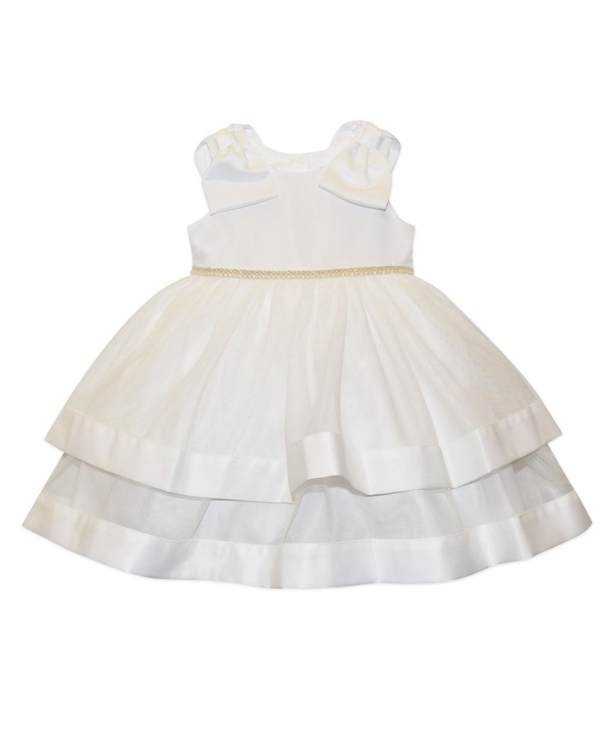 Blueberi Boulevard Baby Girls Bow-top Jewel Waist Border Trim Dress In White