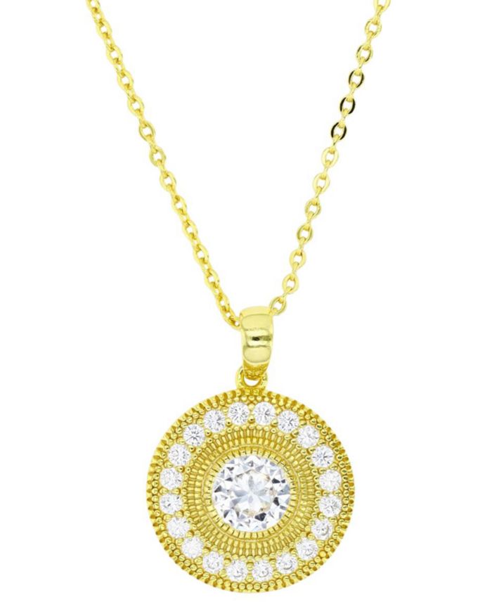 Cubic Zirconia Halo Halo Bead Disc Pendant Necklace in 14k Gold-Plated