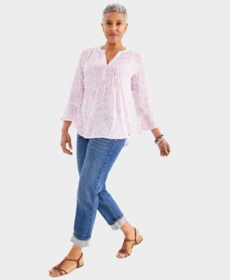 Women's Printed Pintuck Ruffle-Sleeve Top