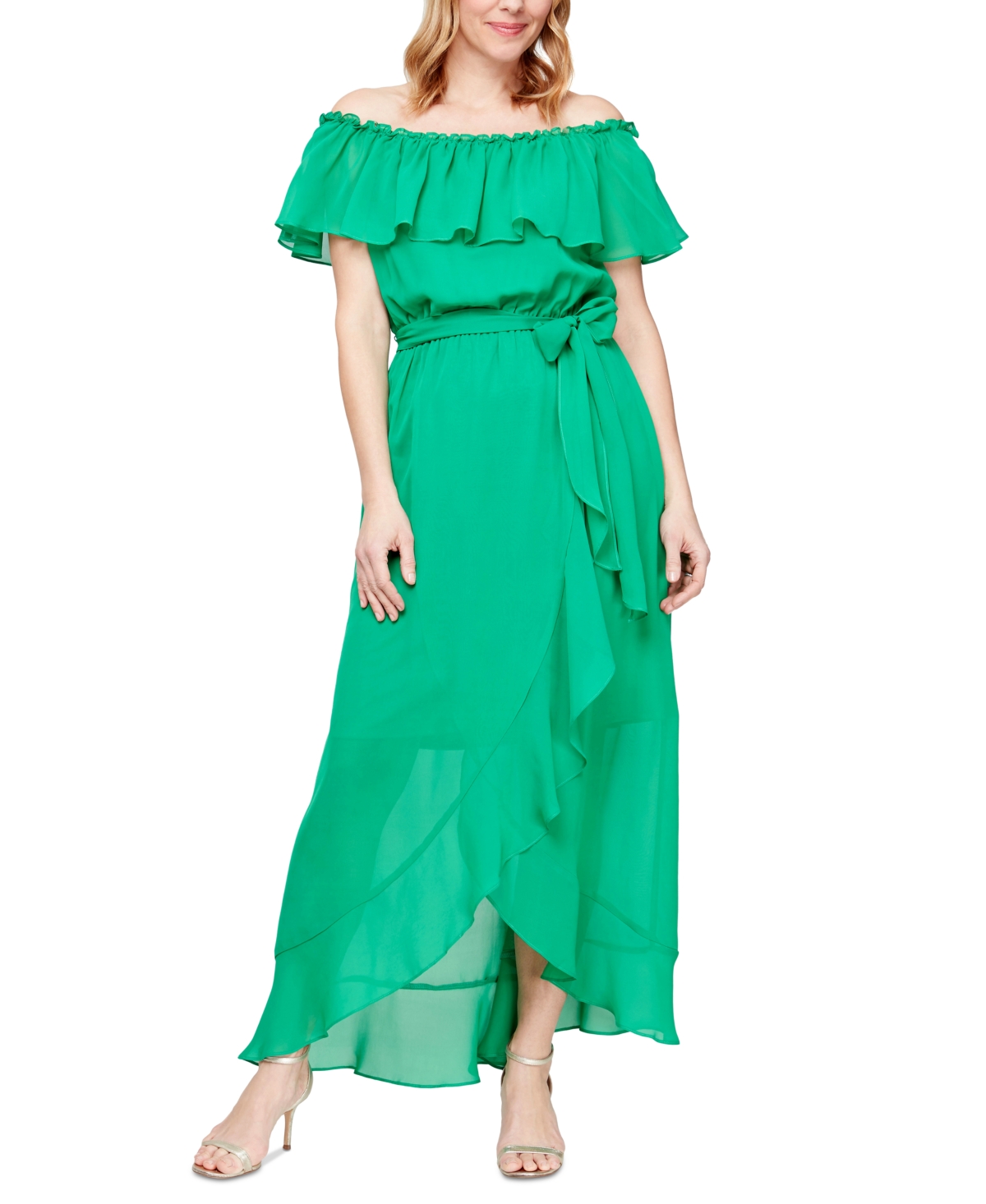 Sl Fashions Off-the-shoulder Ruffle High-low Dress In Kelly
