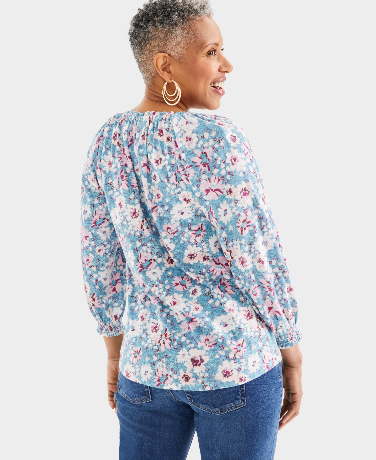 Style & Co Women's Printed Split Neck Ruffle Trim Long-Sleeve Knit Top, Created for Macy's