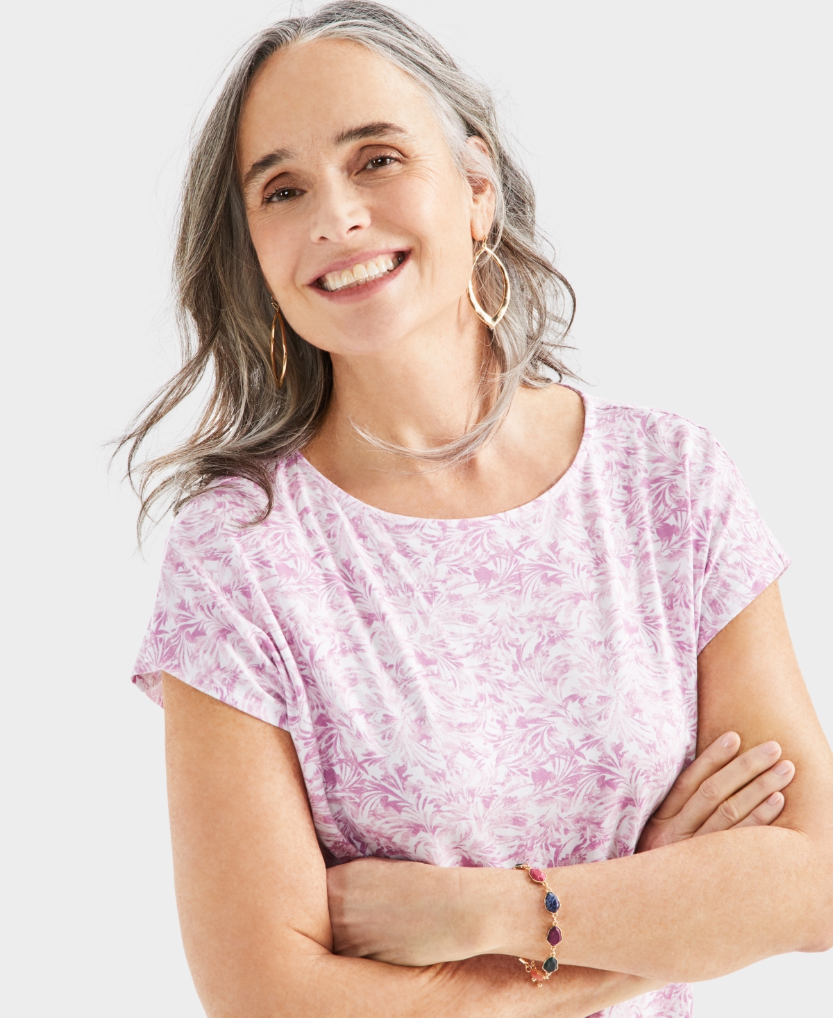 Style & Co Women's Printed Boat-neck Short Sleeve Top, Created For Macy's In Lilac Floral