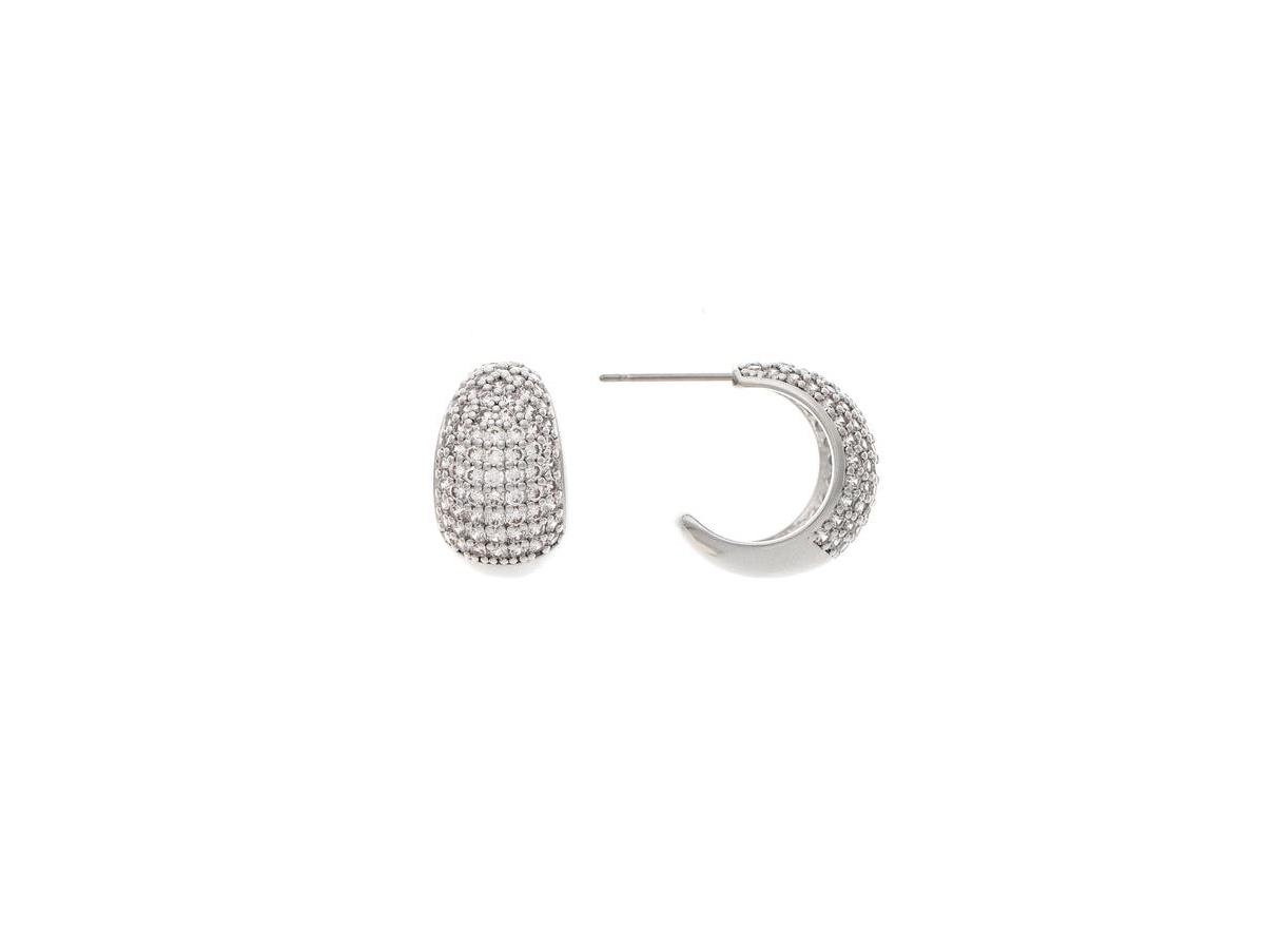 White Rhodium Pave Cubic Zirconia Graduated Demi Hoop Earrings - Silver