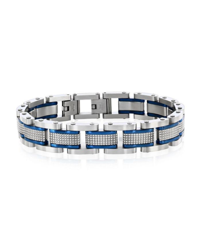 Metallo Stainless Steel Textured Blue and Silver Link Bracelet